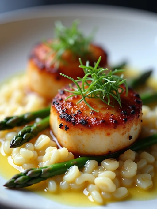 a close-up, ultra-realistic photograph perfect for a cookbook captures perfectly seared scallops with a golden crust, served on a bed of creamy risotto with asparagus tips and a lemon butter sauce, garnished with microgreens.