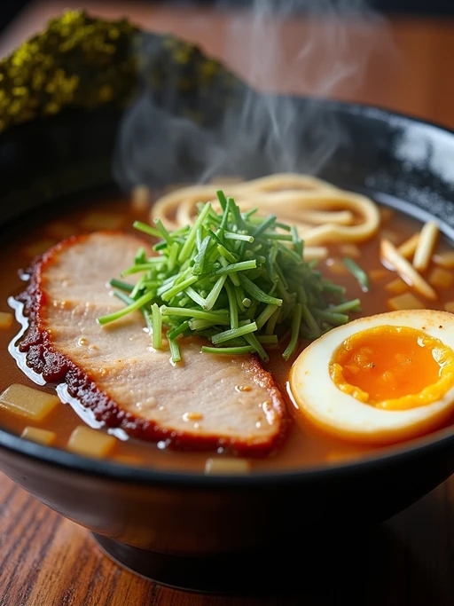 a close-up, ultra-realistic photograph perfect for a cookbook captures a steaming bowl of ramen with sliced pork belly, soft-boiled egg, green onions, and nori, in a rich umami broth with visible steam rising.