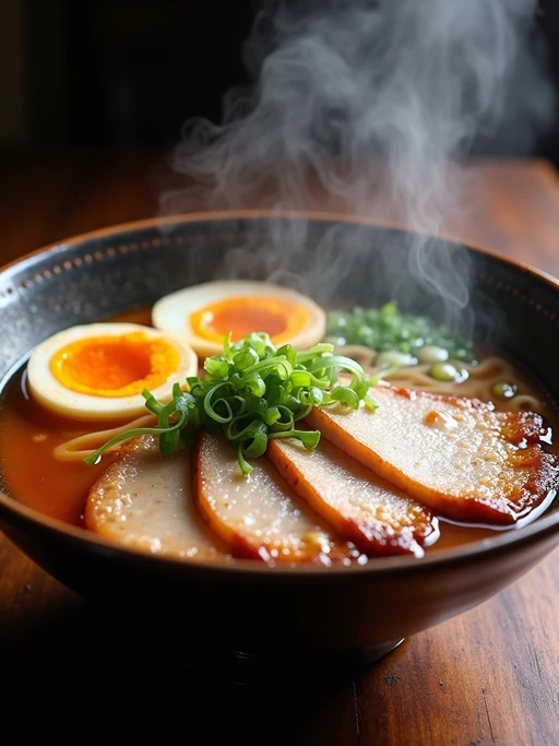 a close-up, ultra-realistic photograph perfect for a cookbook captures a steaming bowl of ramen with sliced pork belly, soft-boiled egg, green onions, and nori, in a rich umami broth with visible steam rising.