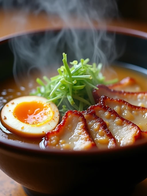 a close-up, ultra-realistic photograph perfect for a cookbook captures a steaming bowl of ramen with sliced pork belly, soft-boiled egg, green onions, and nori, in a rich umami broth with visible steam rising.