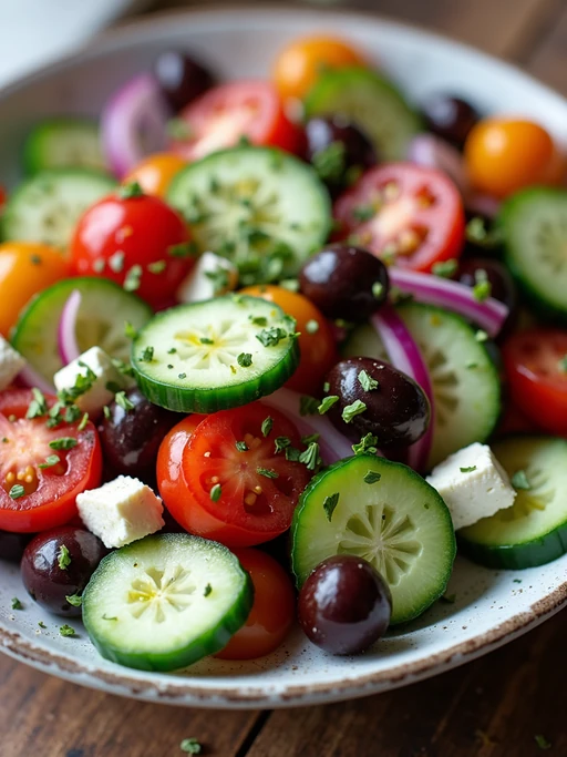 a close-up, ultra-realistic photograph perfect for a cookbook captures a colorful Mediterranean salad with cucumber, cherry tomatoes, red onion, kalamata olives, and feta cheese, drizzled with olive oil and sprinkled with oregano.