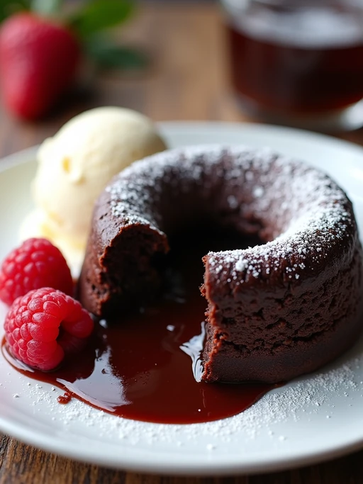 a close-up, ultra-realistic photograph perfect for a cookbook captures a decadent chocolate lava cake with molten center oozing onto a white plate, served with a scoop of vanilla ice cream and fresh raspberries, dusted with powdered sugar.
