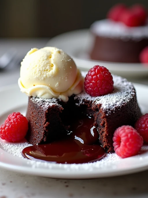 a close-up, ultra-realistic photograph perfect for a cookbook captures a decadent chocolate lava cake with molten center oozing onto a white plate, served with a scoop of vanilla ice cream and fresh raspberries, dusted with powdered sugar.
