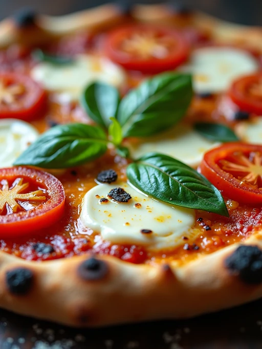 a close-up, ultra-realistic photograph perfect for a cookbook captures a vibrant homemade margherita pizza with bubbling mozzarella, fresh basil leaves, and bright red tomatoes on a perfectly charred crust, dusted with flour and drizzled with olive oil.
