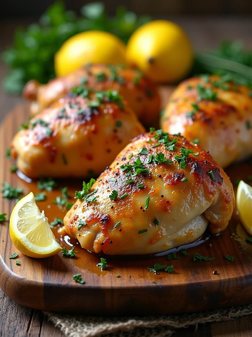 a close-up, ultra-realistic photograph perfect for a cookbook captures a beautifully baked herbed chicken with crispy golden skin, garnished with fresh oregano and parsley. The chicken thighs are arranged on a rustic wooden board with lemon wedges, minced garlic, and melted butter visible.