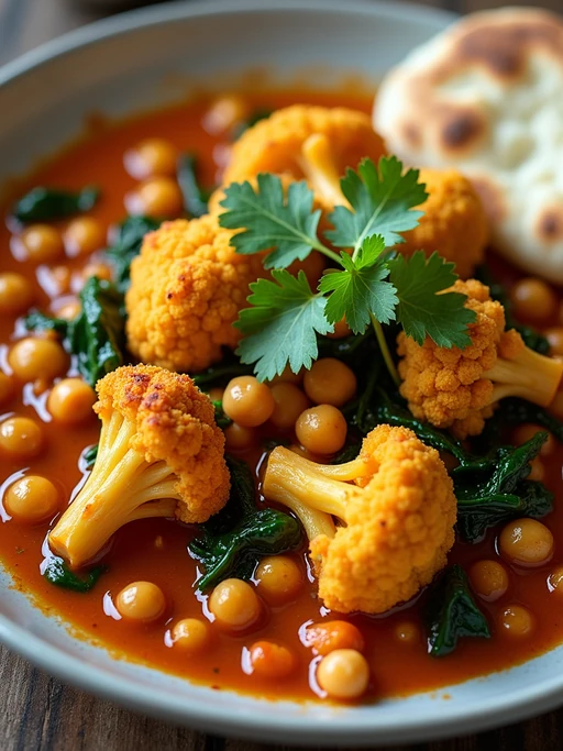 a close-up, ultra-realistic photograph perfect for a cookbook captures a vibrant vegetable curry with cauliflower, chickpeas, spinach, and tomatoes in a rich spiced sauce, garnished with cilantro and served with naan bread.