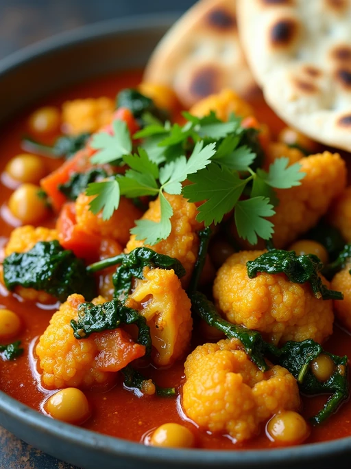 a close-up, ultra-realistic photograph perfect for a cookbook captures a vibrant vegetable curry with cauliflower, chickpeas, spinach, and tomatoes in a rich spiced sauce, garnished with cilantro and served with naan bread.