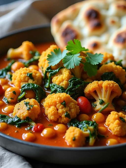 a close-up, ultra-realistic photograph perfect for a cookbook captures a vibrant vegetable curry with cauliflower, chickpeas, spinach, and tomatoes in a rich spiced sauce, garnished with cilantro and served with naan bread.