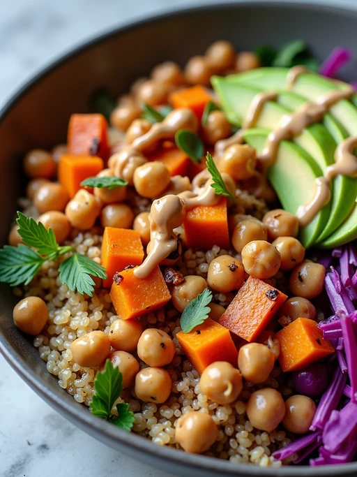 a close-up, ultra-realistic photograph perfect for a cookbook captures a colorful Buddha bowl with quinoa, roasted sweet potatoes, chickpeas, avocado slices, shredded red cabbage, and a tahini drizzle.