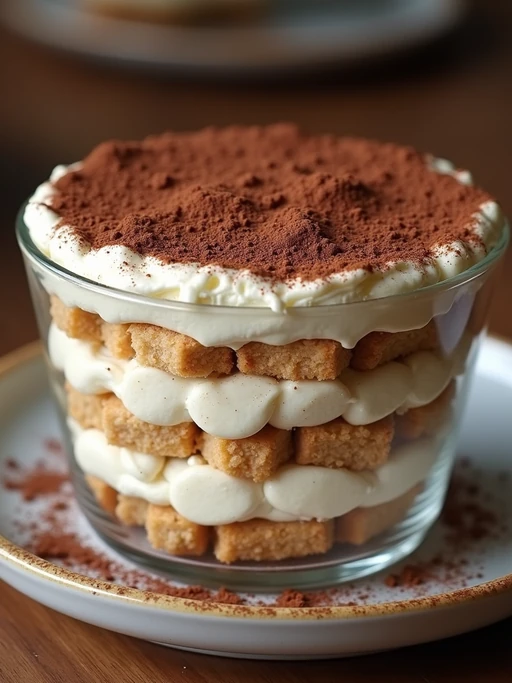 a close-up, ultra-realistic photograph perfect for a cookbook captures a classic tiramisu with distinct layers of coffee-soaked ladyfingers and mascarpone cream, dusted with cocoa powder and served in a glass dish.