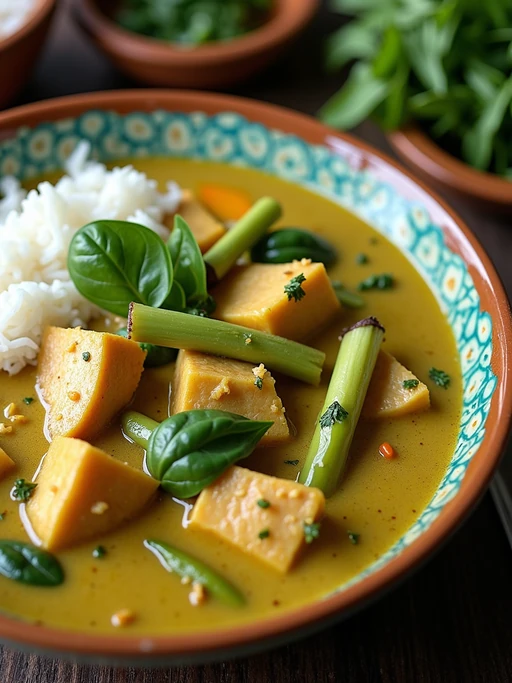 a close-up, ultra-realistic photograph perfect for a cookbook captures a vibrant Thai green curry with chunks of chicken, bamboo shoots, bell peppers, and Thai basil leaves in a creamy coconut sauce, served with jasmine rice.