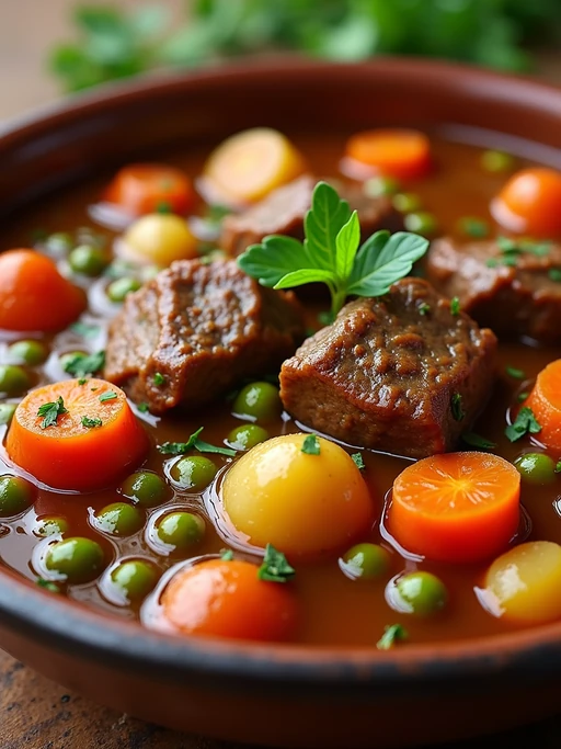 a close-up, ultra-realistic photograph perfect for a cookbook captures a hearty beef stew with tender chunks of meat, carrots, potatoes, and peas in a rich gravy, served in a rustic ceramic bowl with fresh herbs.