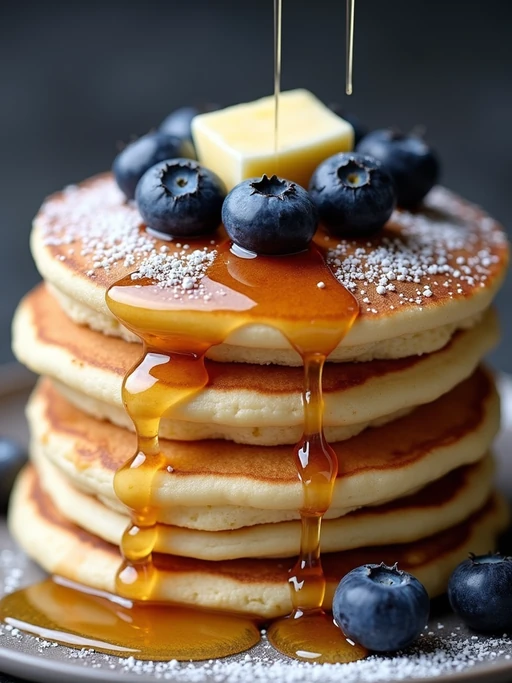 a close-up, ultra-realistic photograph perfect for a cookbook captures a stack of fluffy blueberry pancakes with maple syrup dripping down the sides, topped with fresh blueberries, a pat of butter, and a sprinkle of powdered sugar.