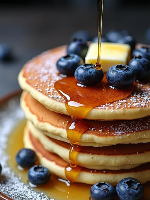 a close-up, ultra-realistic photograph perfect for a cookbook captures a stack of fluffy blueberry pancakes with maple syrup dripping down the sides, topped with fresh blueberries, a pat of butter, and a sprinkle of powdered sugar.