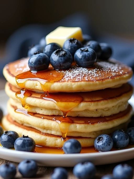 a close-up, ultra-realistic photograph perfect for a cookbook captures a stack of fluffy blueberry pancakes with maple syrup dripping down the sides, topped with fresh blueberries, a pat of butter, and a sprinkle of powdered sugar.