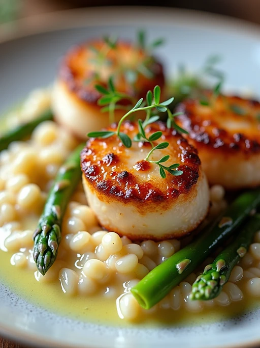 a close-up, ultra-realistic photograph perfect for a cookbook captures perfectly seared scallops with a golden crust, served on a bed of creamy risotto with asparagus tips and a lemon butter sauce, garnished with microgreens.