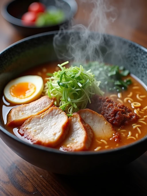 a close-up, ultra-realistic photograph perfect for a cookbook captures a steaming bowl of ramen with sliced pork belly, soft-boiled egg, green onions, and nori, in a rich umami broth with visible steam rising.