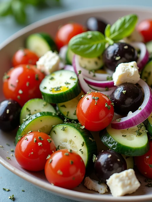 a close-up, ultra-realistic photograph perfect for a cookbook captures a colorful Mediterranean salad with cucumber, cherry tomatoes, red onion, kalamata olives, and feta cheese, drizzled with olive oil and sprinkled with oregano.