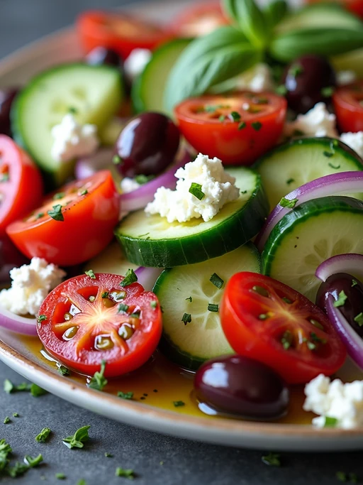 a close-up, ultra-realistic photograph perfect for a cookbook captures a colorful Mediterranean salad with cucumber, cherry tomatoes, red onion, kalamata olives, and feta cheese, drizzled with olive oil and sprinkled with oregano.
