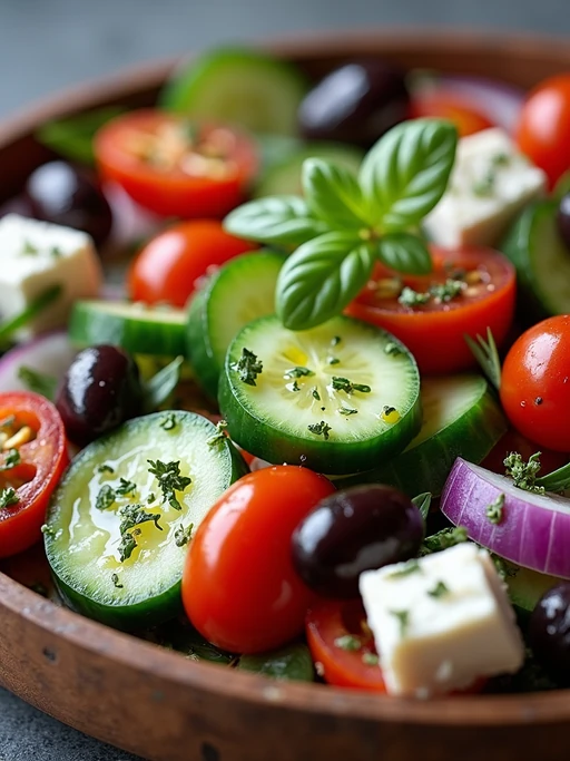 a close-up, ultra-realistic photograph perfect for a cookbook captures a colorful Mediterranean salad with cucumber, cherry tomatoes, red onion, kalamata olives, and feta cheese, drizzled with olive oil and sprinkled with oregano.