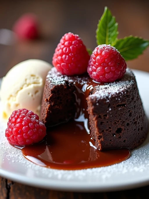 a close-up, ultra-realistic photograph perfect for a cookbook captures a decadent chocolate lava cake with molten center oozing onto a white plate, served with a scoop of vanilla ice cream and fresh raspberries, dusted with powdered sugar.