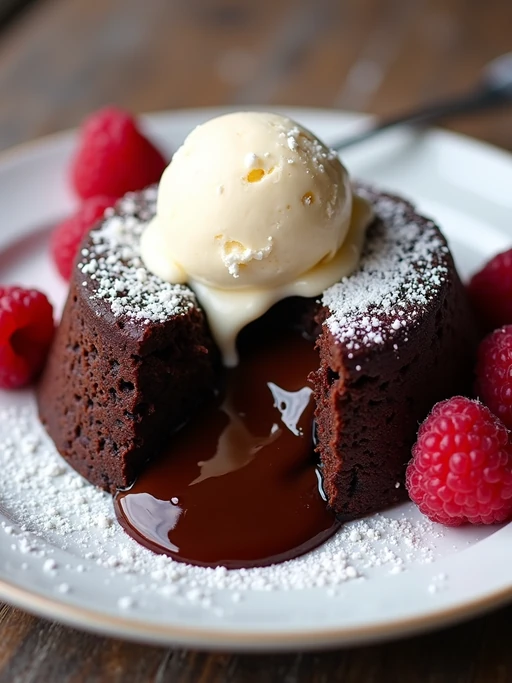 a close-up, ultra-realistic photograph perfect for a cookbook captures a decadent chocolate lava cake with molten center oozing onto a white plate, served with a scoop of vanilla ice cream and fresh raspberries, dusted with powdered sugar.