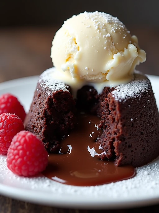 a close-up, ultra-realistic photograph perfect for a cookbook captures a decadent chocolate lava cake with molten center oozing onto a white plate, served with a scoop of vanilla ice cream and fresh raspberries, dusted with powdered sugar.