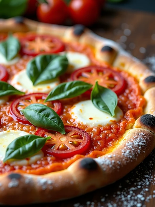 a close-up, ultra-realistic photograph perfect for a cookbook captures a vibrant homemade margherita pizza with bubbling mozzarella, fresh basil leaves, and bright red tomatoes on a perfectly charred crust, dusted with flour and drizzled with olive oil.