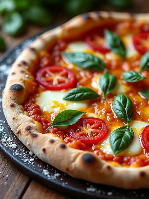 a close-up, ultra-realistic photograph perfect for a cookbook captures a vibrant homemade margherita pizza with bubbling mozzarella, fresh basil leaves, and bright red tomatoes on a perfectly charred crust, dusted with flour and drizzled with olive oil.