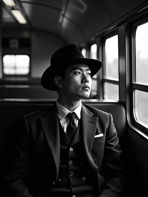 model in a vintage train compartment, wearing if(gender=f){an elegant traveling suit with hat} if(gender=m){a pinstriped suit with fedora}, looking pensively out the window, dramatic shadows from passing lights, mysterious atmosphere, high-contrast black and white photography