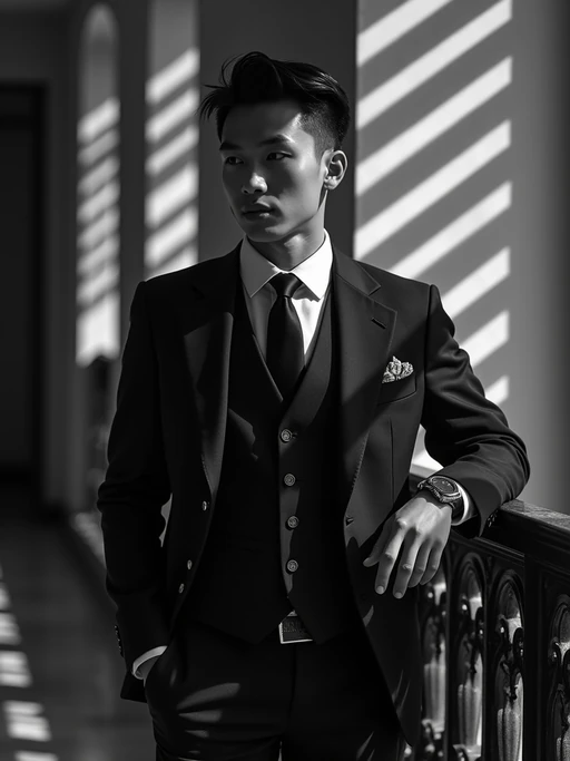 model in an elegant vintage hotel lobby, wearing if(gender=f){a sophisticated cocktail dress with gloves} if(gender=m){a three-piece suit with pocket watch}, leaning against ornate railing, dramatic venetian blinds casting striped shadows, black and white photography with deep shadows