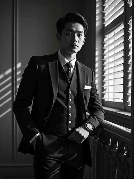 model in an elegant vintage hotel lobby, wearing if(gender=f){a sophisticated cocktail dress with gloves} if(gender=m){a three-piece suit with pocket watch}, leaning against ornate railing, dramatic venetian blinds casting striped shadows, black and white photography with deep shadows