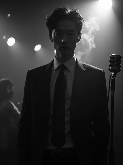 model as a mysterious if(gender=f){femme fatale} if(gender=m){private investigator} in a smoky jazz club, wearing if(gender=f){a figure-hugging black dress with dramatic neckline} if(gender=m){a dark suit with loosened tie}, moody lighting, cigarette smoke creating atmospheric haze, vintage microphone nearby, black and white film noir aesthetic