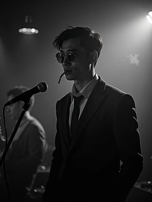 model as a mysterious if(gender=f){femme fatale} if(gender=m){private investigator} in a smoky jazz club, wearing if(gender=f){a figure-hugging black dress with dramatic neckline} if(gender=m){a dark suit with loosened tie}, moody lighting, cigarette smoke creating atmospheric haze, vintage microphone nearby, black and white film noir aesthetic