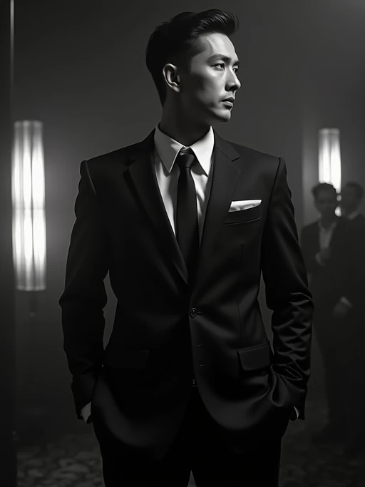 model as a glamorous 1950s noir if(gender=f){starlet} if(gender=m){detective} in a dimly lit film set, wearing if(gender=f){a luxurious satin evening gown} if(gender=m){a sharp tailored suit with wide shoulders}, sophisticated if(gender=f){updo hairstyle} if(gender=m){slicked-back hair}, dramatic lighting creating shadows, high-contrast black and white photography, art deco backdrop