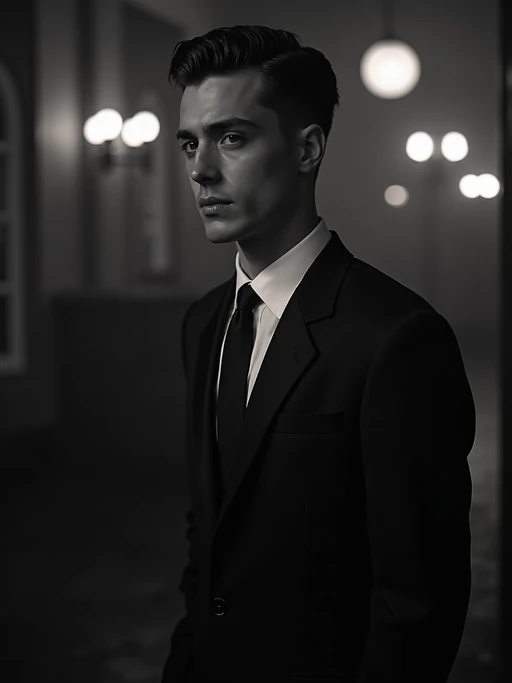 model as a glamorous 1950s noir if(gender=f){starlet} if(gender=m){detective} in a dimly lit film set, wearing if(gender=f){a luxurious satin evening gown} if(gender=m){a sharp tailored suit with wide shoulders}, sophisticated if(gender=f){updo hairstyle} if(gender=m){slicked-back hair}, dramatic lighting creating shadows, high-contrast black and white photography, art deco backdrop