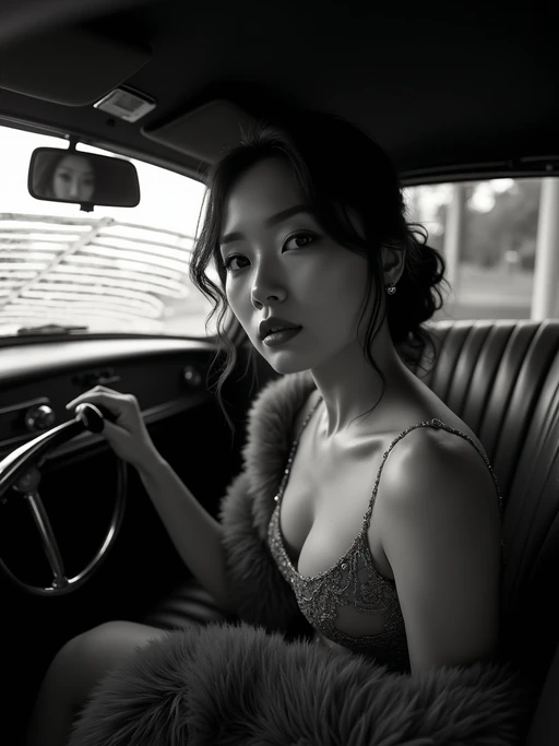 model in a vintage car interior, wearing if(gender=f){a fur stole over an evening dress} if(gender=m){a dark suit with hat}, dramatic lighting through car windows creating venetian blind effect, rear-view mirror showing mysterious figure, high-contrast black and white photography