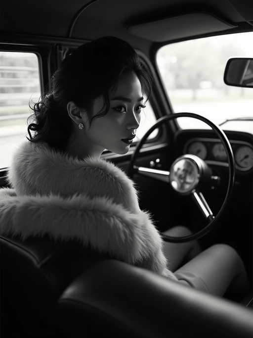 model in a vintage car interior, wearing if(gender=f){a fur stole over an evening dress} if(gender=m){a dark suit with hat}, dramatic lighting through car windows creating venetian blind effect, rear-view mirror showing mysterious figure, high-contrast black and white photography