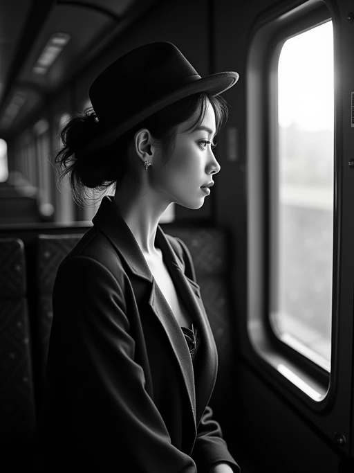 model in a vintage train compartment, wearing if(gender=f){an elegant traveling suit with hat} if(gender=m){a pinstriped suit with fedora}, looking pensively out the window, dramatic shadows from passing lights, mysterious atmosphere, high-contrast black and white photography