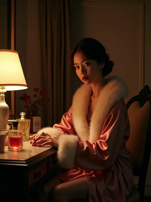 model in a luxurious if(gender=f){boudoir} if(gender=m){office} setting, wearing if(gender=f){a silk robe with fur trim} if(gender=m){suspenders and rolled-up sleeves}, sitting at vanity with if(gender=f){vintage perfume bottles} if(gender=m){whiskey glass and revolver}, dramatic lighting from a single lamp, film noir chiaroscuro effect