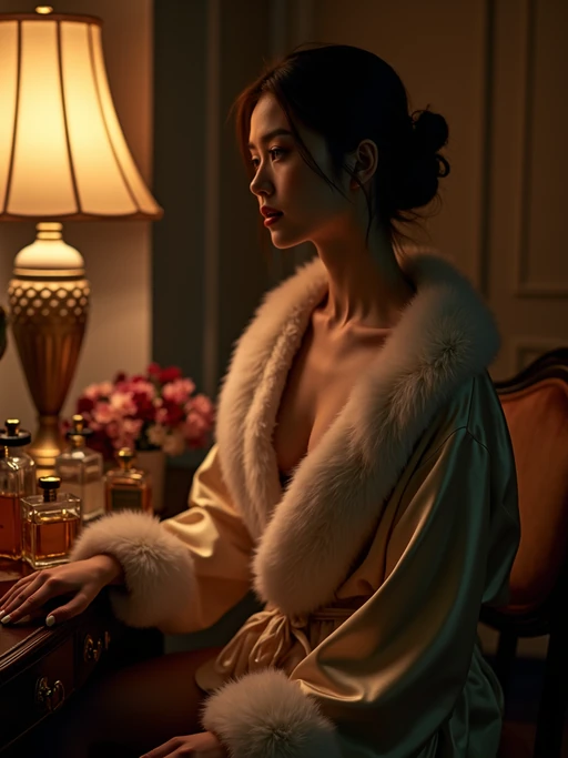 model in a luxurious if(gender=f){boudoir} if(gender=m){office} setting, wearing if(gender=f){a silk robe with fur trim} if(gender=m){suspenders and rolled-up sleeves}, sitting at vanity with if(gender=f){vintage perfume bottles} if(gender=m){whiskey glass and revolver}, dramatic lighting from a single lamp, film noir chiaroscuro effect
