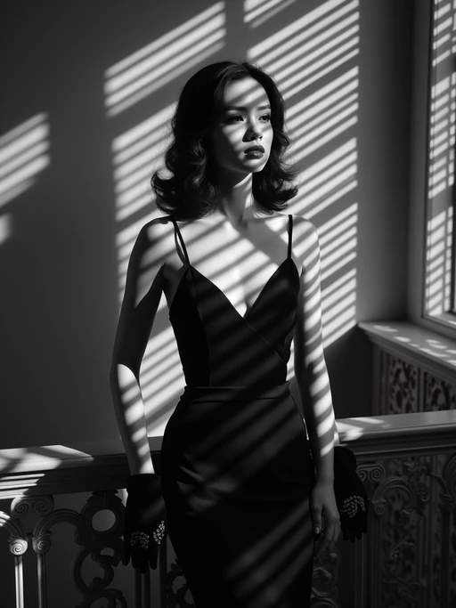 model in an elegant vintage hotel lobby, wearing if(gender=f){a sophisticated cocktail dress with gloves} if(gender=m){a three-piece suit with pocket watch}, leaning against ornate railing, dramatic venetian blinds casting striped shadows, black and white photography with deep shadows