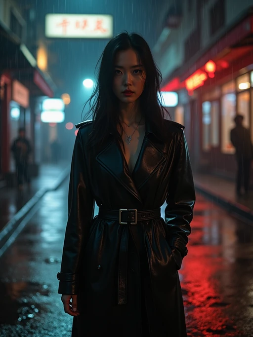 model in a rain-soaked city street at night, wearing if(gender=f){a fitted trench coat with belt cinched at waist} if(gender=m){a long trench coat with upturned collar}, dramatic shadows from street lamps, reflections in puddles, film noir high-contrast lighting, mysterious expression