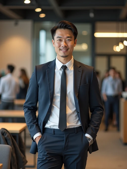resilient model in if(gender=m){relaxed business casual with quality basics} if(gender=f){comfortable yet polished professional attire} industrial loft office, working with team members