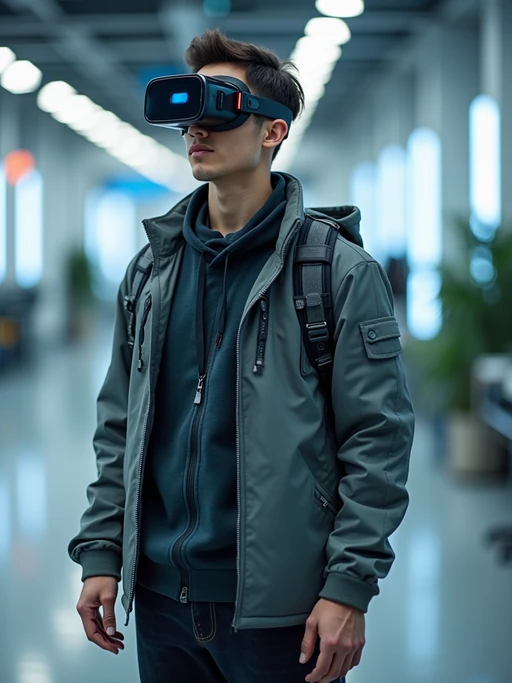 forward-thinking model dressed in if(gender=m){innovative casual wear with tech accessories} if(gender=f){modern minimalist outfit with sleek design elements} with VR headset or futuristic technology, innovation lab setting