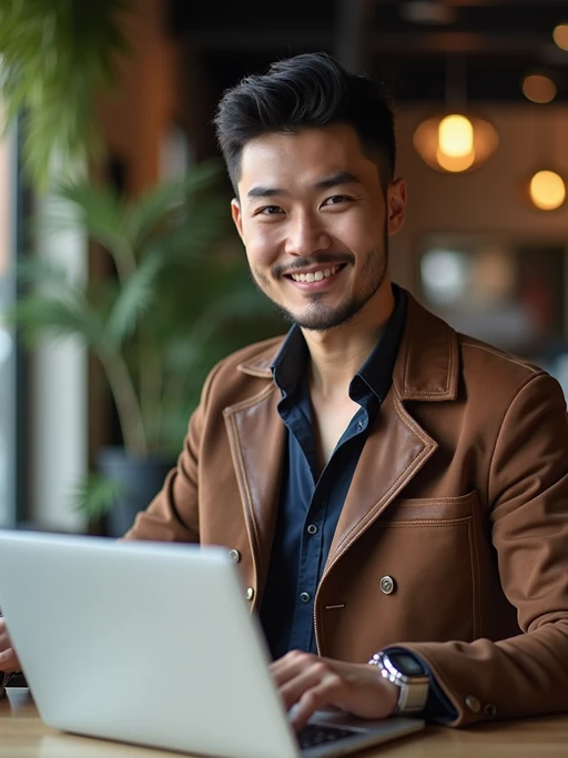 strategic model wearing if(gender=m){smart casual outfit with designer details} if(gender=f){contemporary business casual ensemble with tasteful jewelry} coworking space lounge area, engaged with laptop