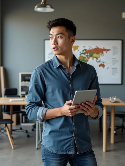energetic model in if(gender=m){tech-casual shirt and premium jeans} if(gender=f){stylish yet professional outfit with modern accessories} with tablet, explaining product vision, standing by product prototype or mockup
