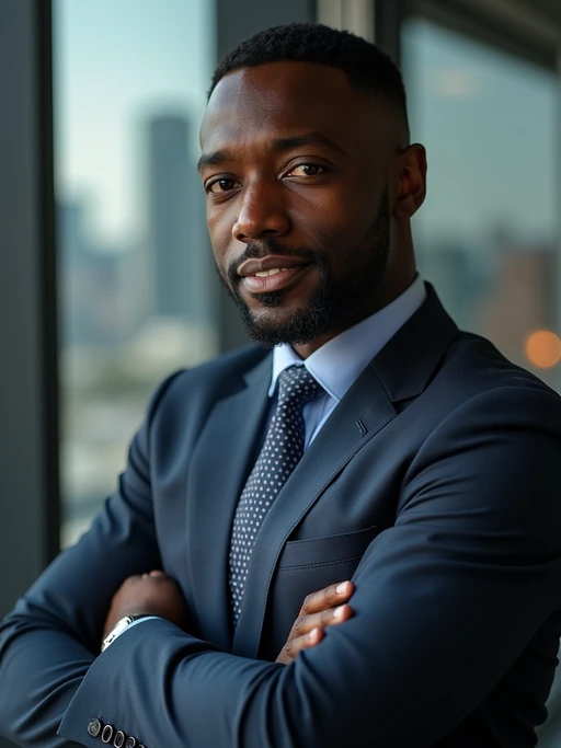 8k professional headshot of model as CEO, crisp details, premium studio backdrop, executive business attire, commanding posture, confident expression, high-definition, corner office setting, sharp focus, dramatic lighting, power suit, cityscape view