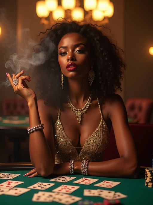 model at a glamorous casino table, wearing if(gender=f){a sparkling evening gown with statement jewelry} if(gender=m){a white dinner jacket with black bow tie}, surrounded by playing cards and chips, dramatic overhead lighting, cigarette smoke swirling, classic film noir composition