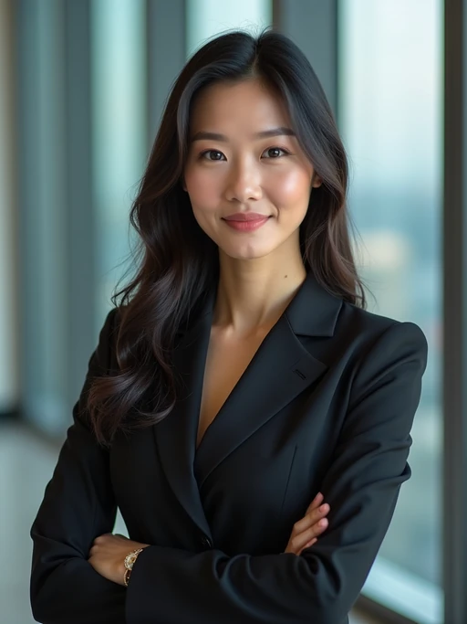 8k professional headshot of model as executive leader, crisp details, luxury office backdrop, premium tailored attire, authoritative pose, decisive expression, high-definition, boardroom environment, sharp focus, professional lighting, executive presence, skyscraper view